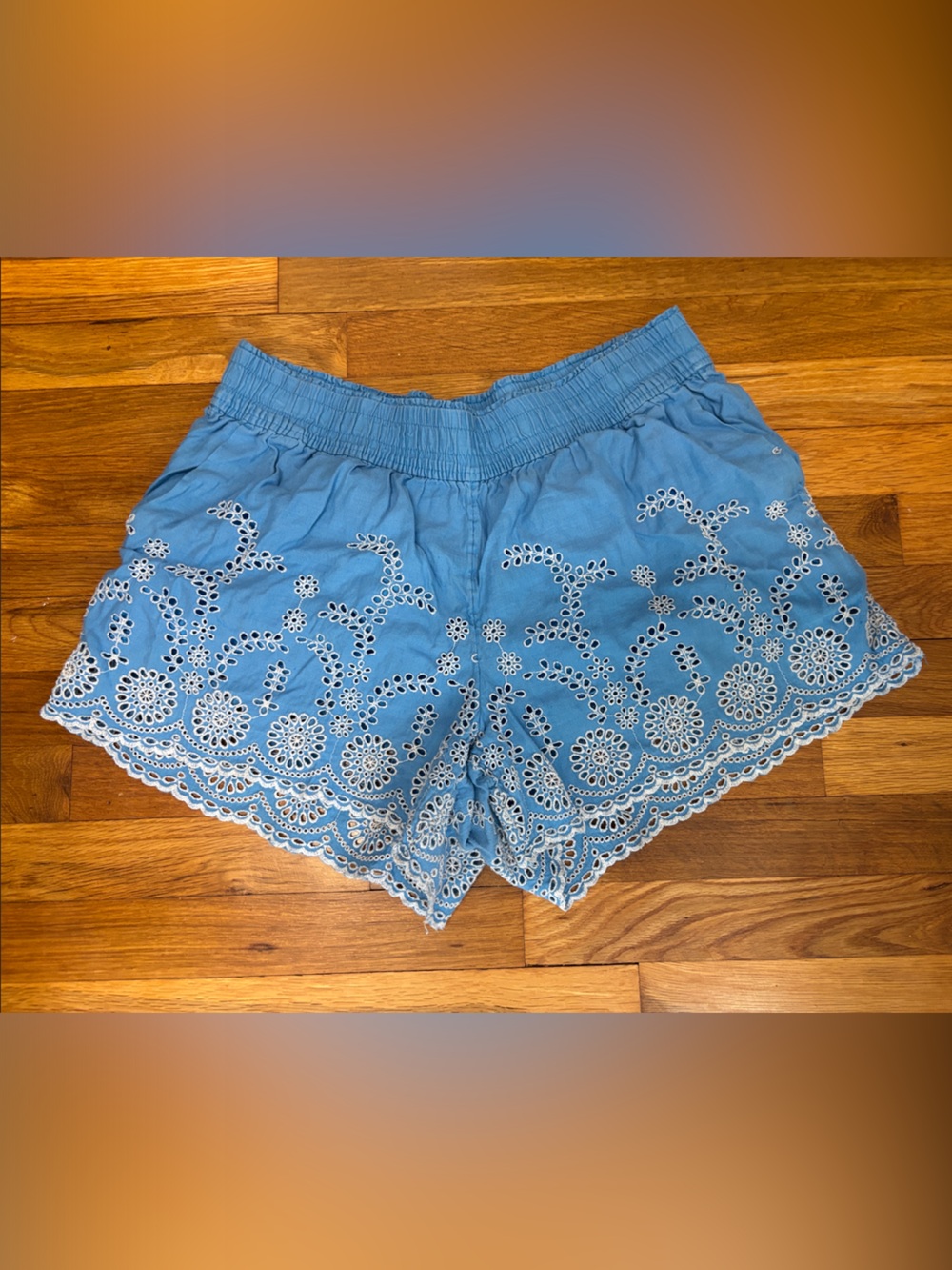 J. Crew Blue Eyelet Scalloped Hem High-Waist Shorts